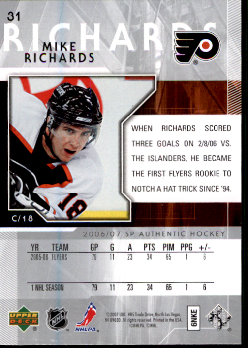 2006-07 SP Authentic #31 Mike Richards back image