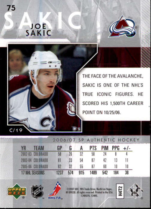 2006-07 SP Authentic #75 Joe Sakic back image