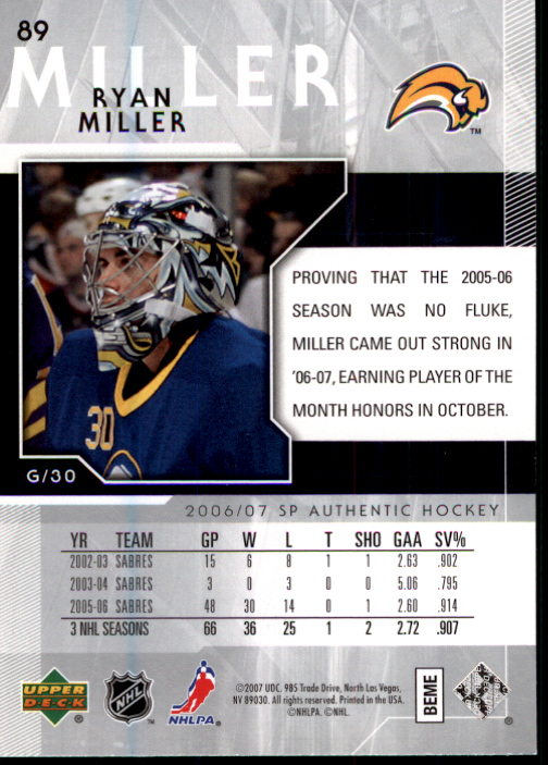 2006-07 SP Authentic #89 Ryan Miller back image