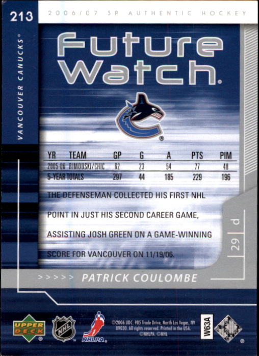 2006-07 SP Authentic #213 Patrick Coulombe RC back image