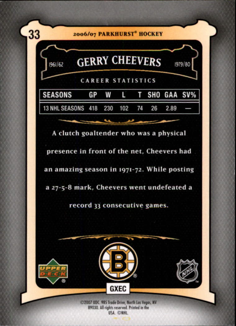 2006-07 Parkhurst #33 Gerry Cheevers back image