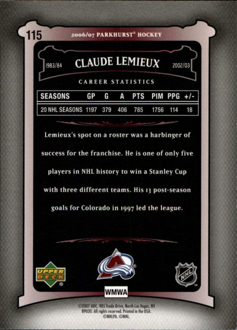 2006-07 Parkhurst #115 Claude Lemieux back image