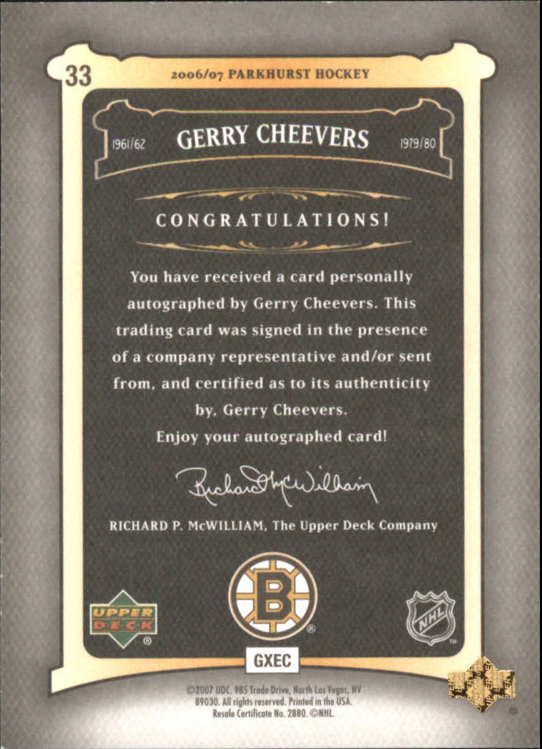 2006-07 Parkhurst Autographs #33 Gerry Cheevers back image