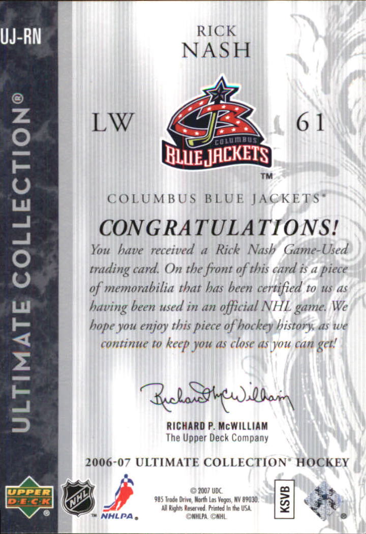 2006-07 Ultimate Collection Jerseys #UJRN Rick Nash back image