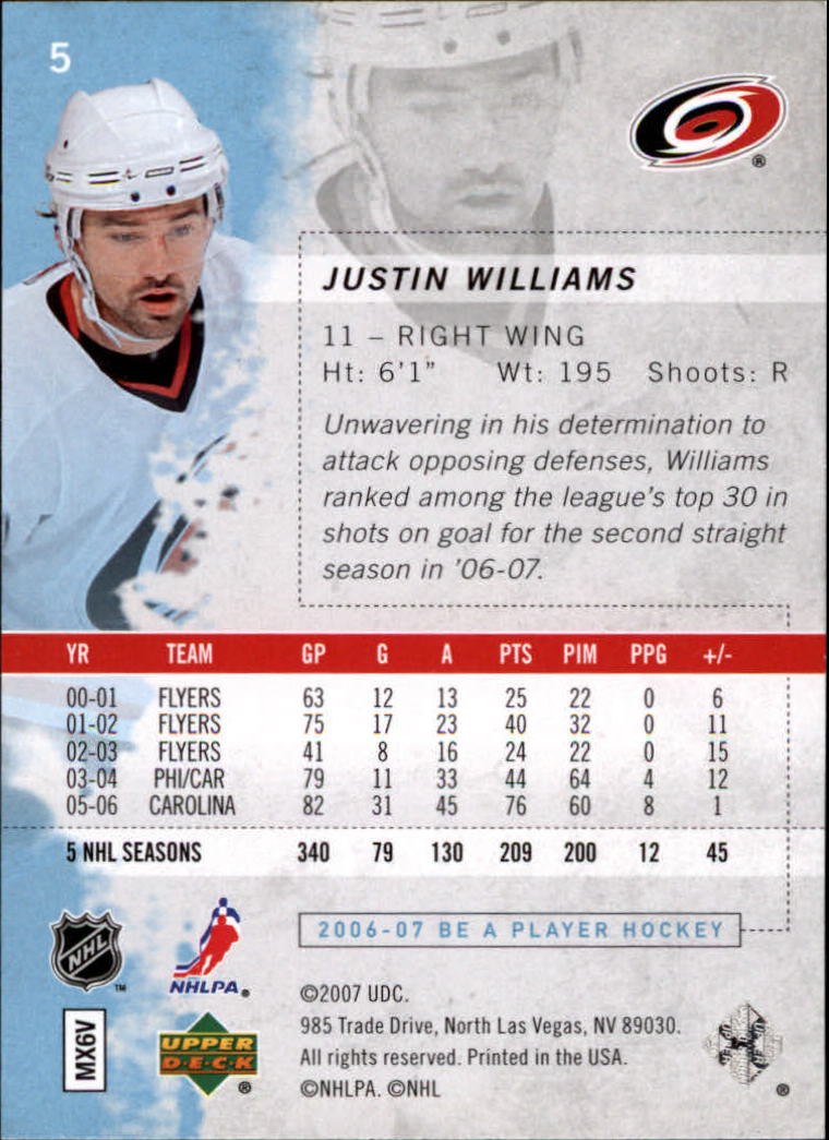 2006-07 Be A Player #5 Justin Williams back image