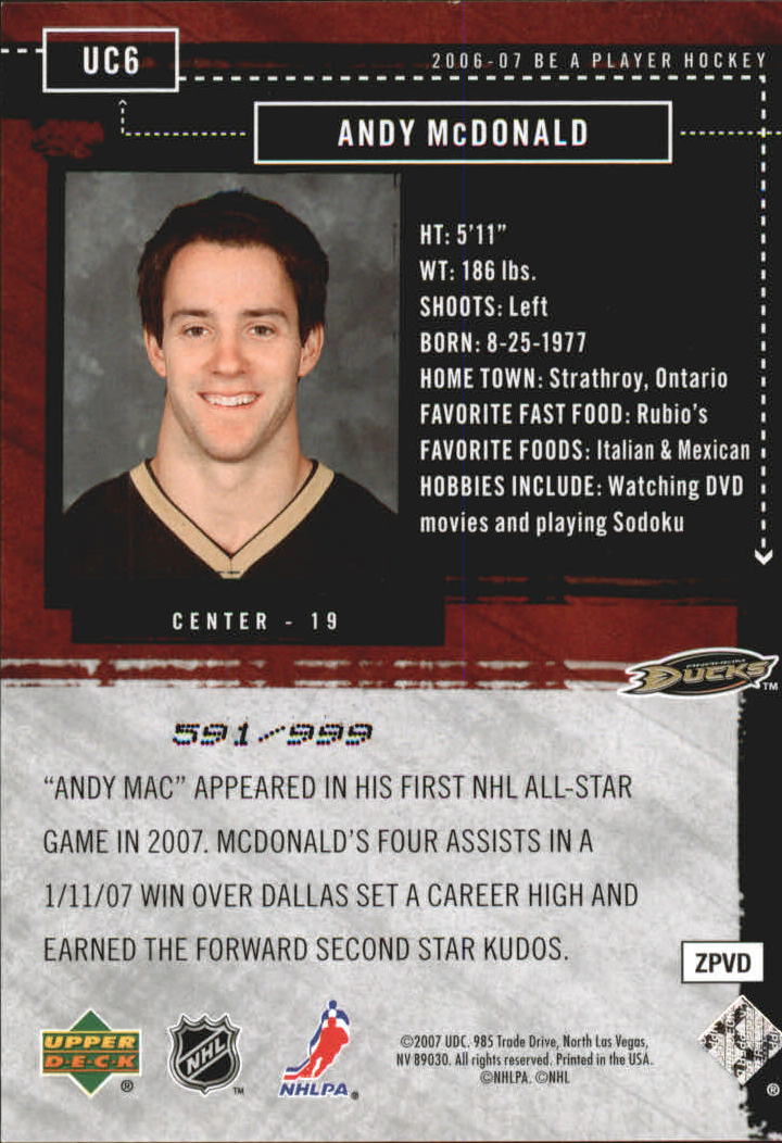 2006-07 Be A Player Up Close and Personal #UC6 Andy McDonald back image