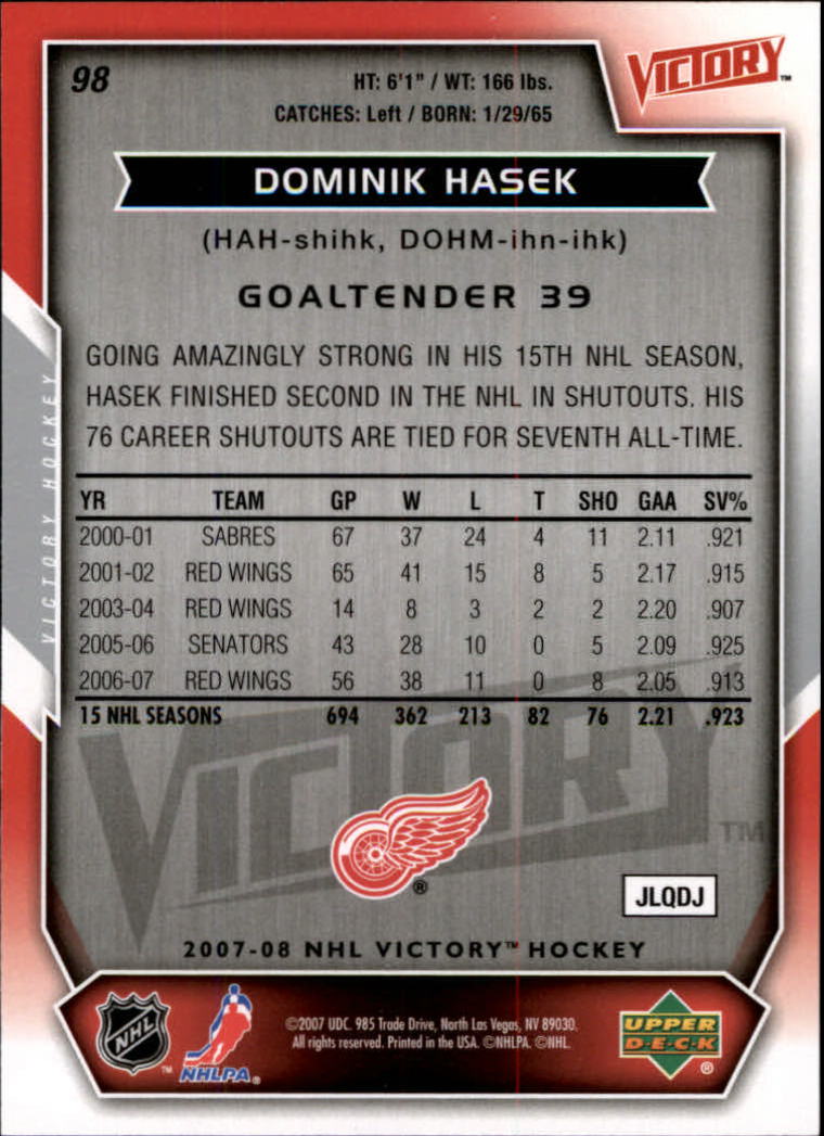 2007-08 Upper Deck Victory #98 Dominik Hasek back image