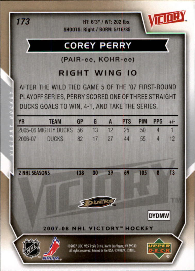 2007-08 Upper Deck Victory #173 Corey Perry back image