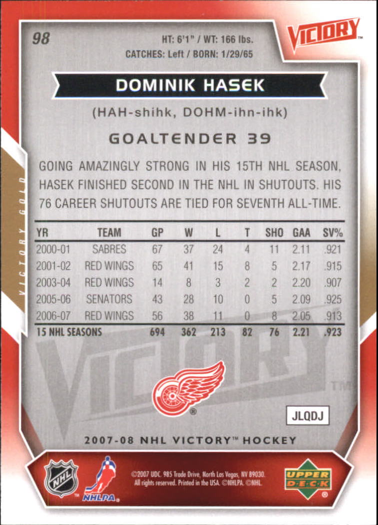 2007-08 Upper Deck Victory Gold #98 Dominik Hasek back image