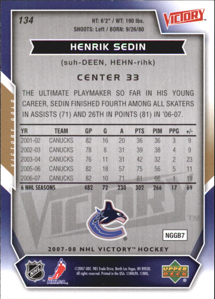 2007-08 Upper Deck Victory Gold #134 Henrik Sedin back image