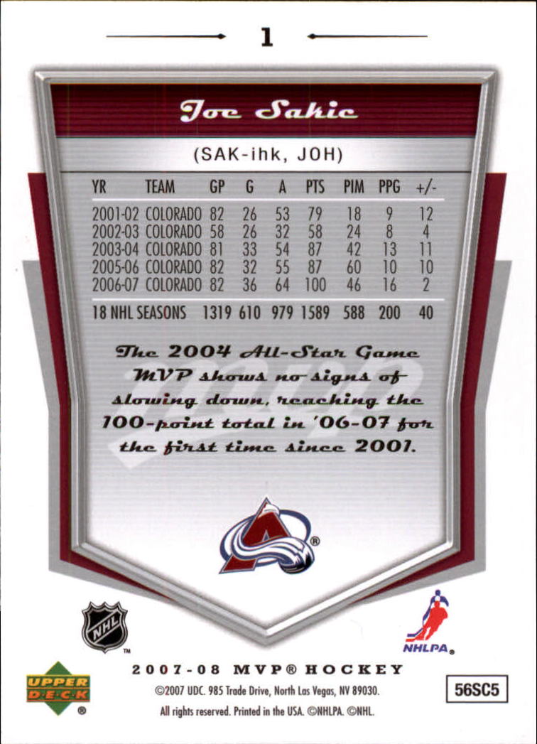 2007-08 Upper Deck MVP #1 Joe Sakic back image