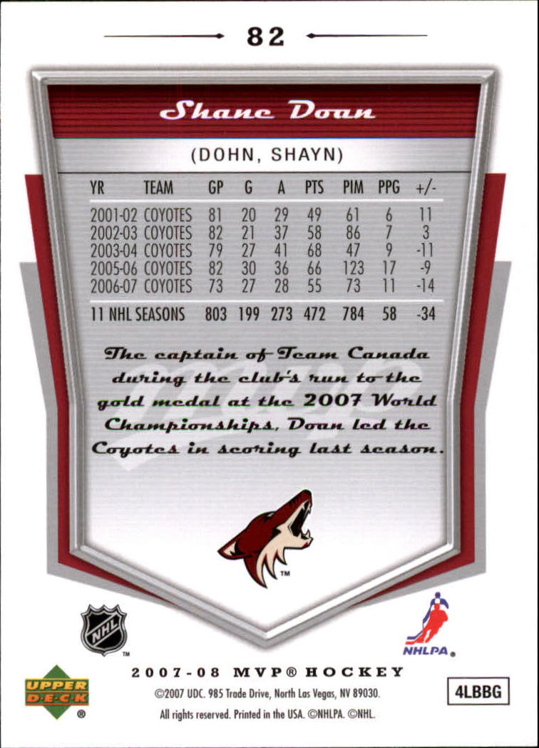 2007-08 Upper Deck MVP #82 Shane Doan back image