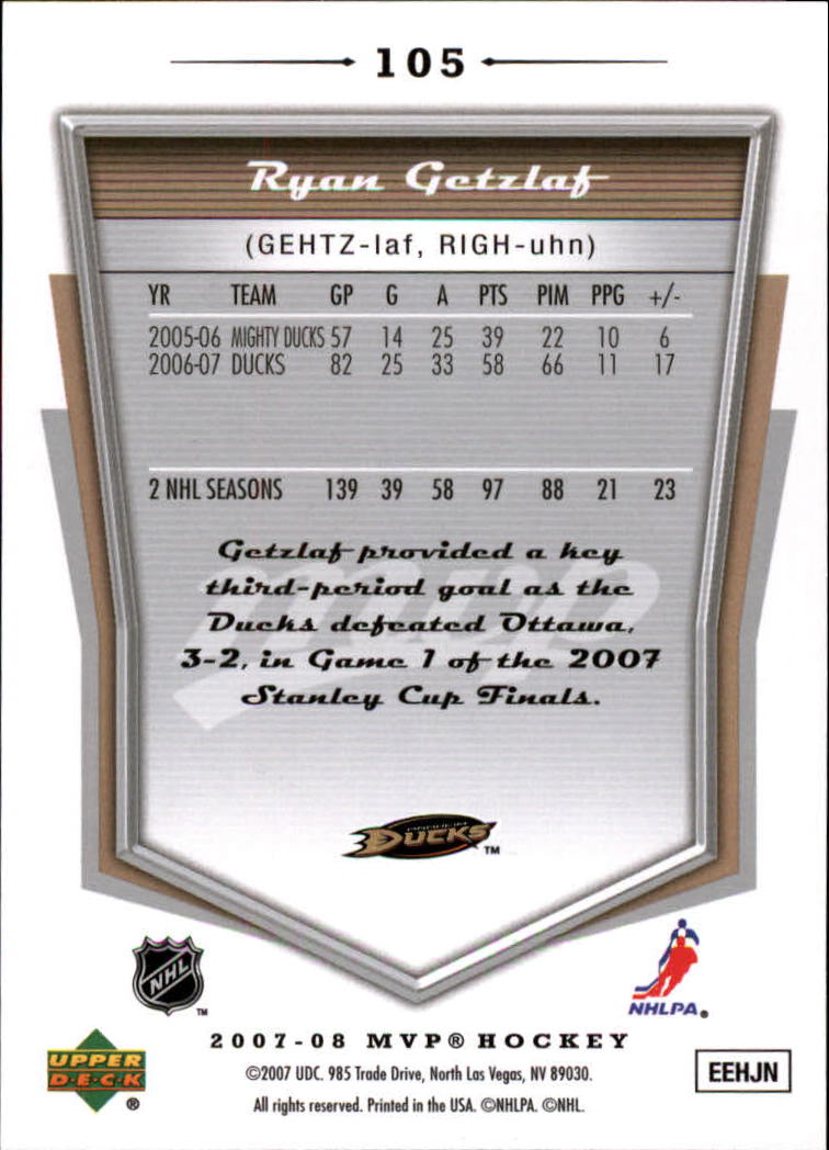 2007-08 Upper Deck MVP #105 Ryan Getzlaf back image