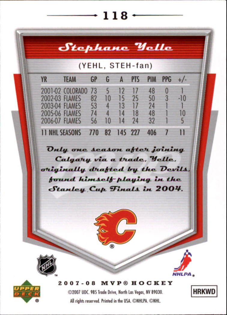2007-08 Upper Deck MVP #118 Stephane Yelle back image