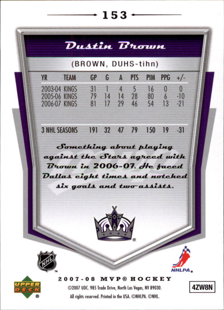 2007-08 Upper Deck MVP #153 Dustin Brown back image