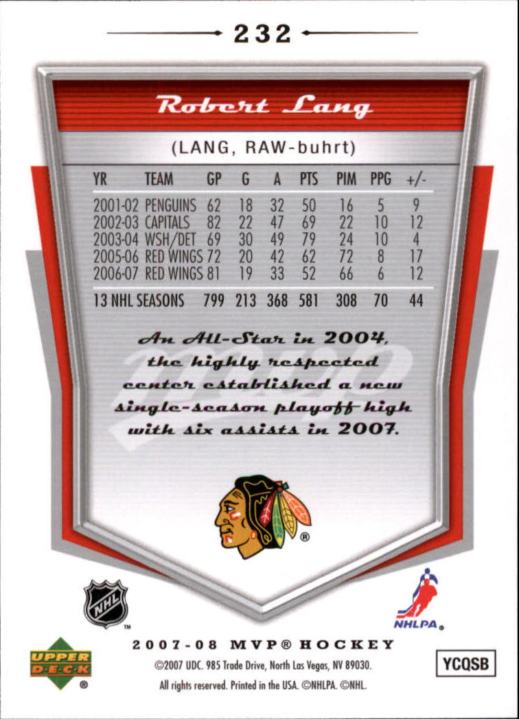 2007-08 Upper Deck MVP #232 Robert Lang back image