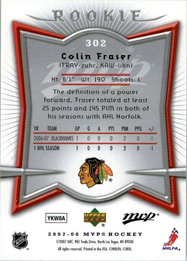 2007-08 Upper Deck MVP #302 Colin Fraser RC back image