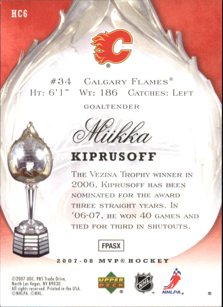 2007-08 Upper Deck MVP Hart Candidates #HC6 Miikka Kiprusoff back image
