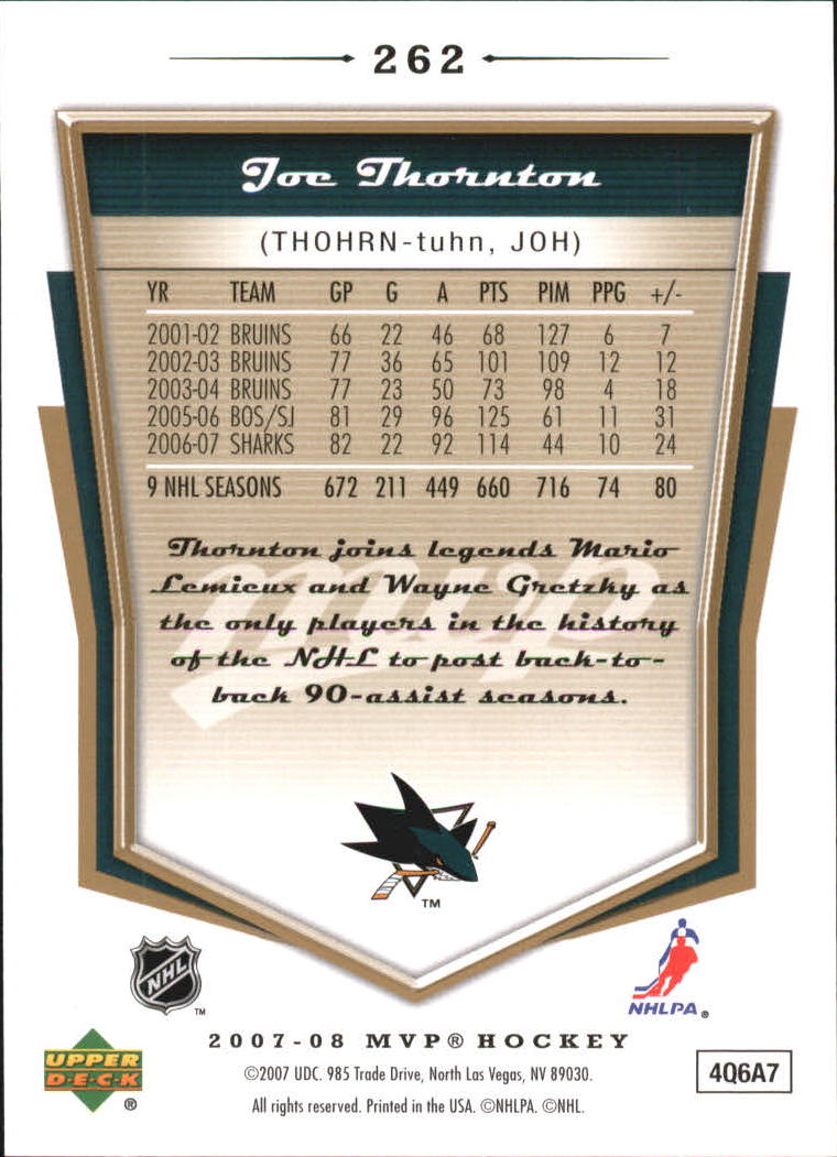 2007-08 Upper Deck MVP Gold Script #262 Joe Thornton back image