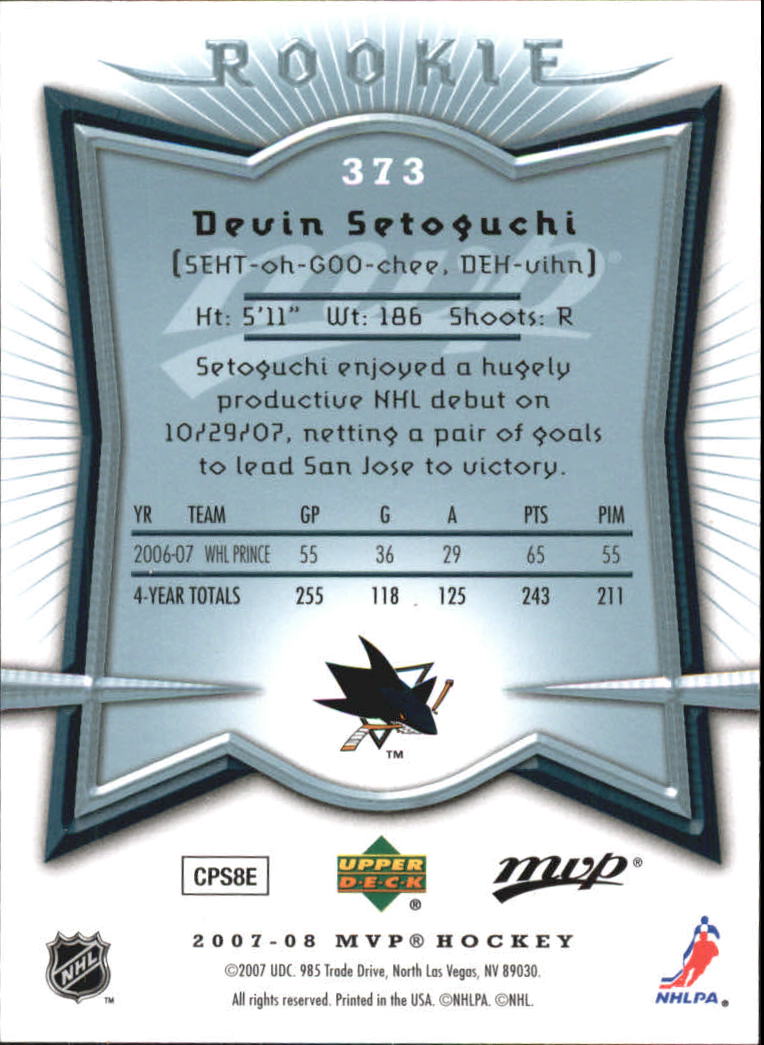 2007-08 Upper Deck MVP Super Script #373 Devin Setoguchi back image