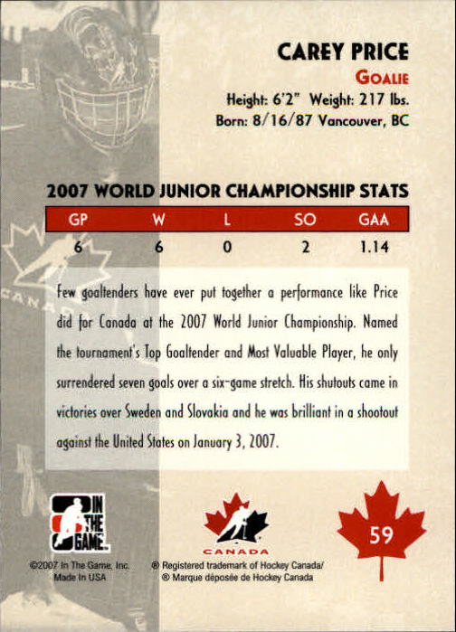 2007-08 ITG O Canada #59 Carey Price back image