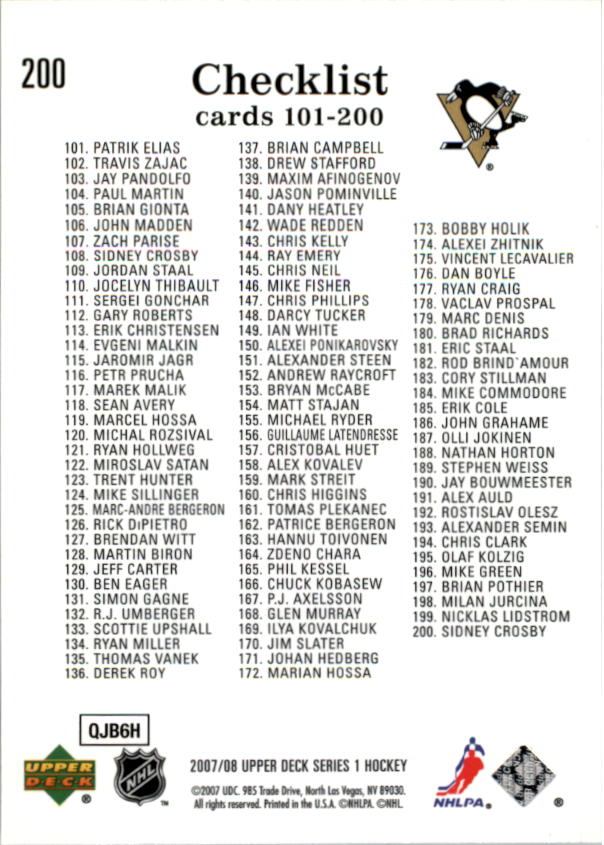 2007-08 Upper Deck #200 Sidney Crosby CL back image