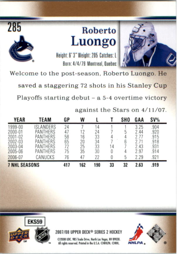 2007-08 Upper Deck #285 Roberto Luongo back image