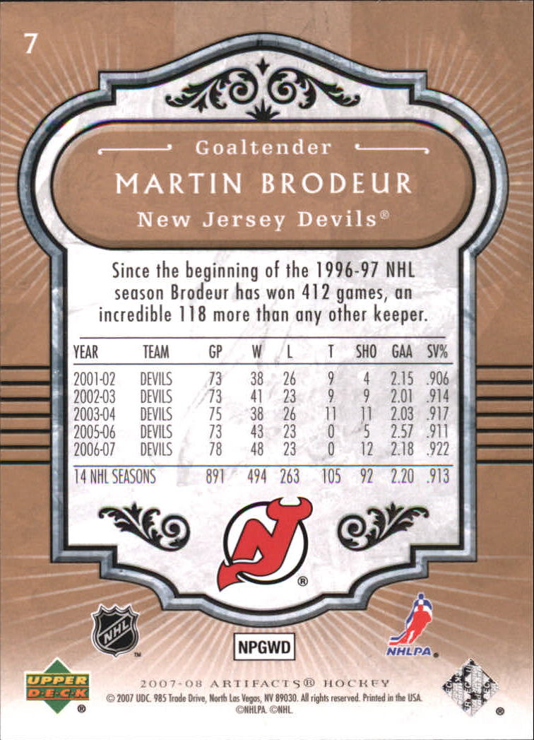 2007-08 Artifacts #7 Martin Brodeur back image