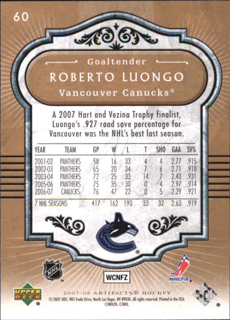 2007-08 Artifacts #60 Roberto Luongo back image