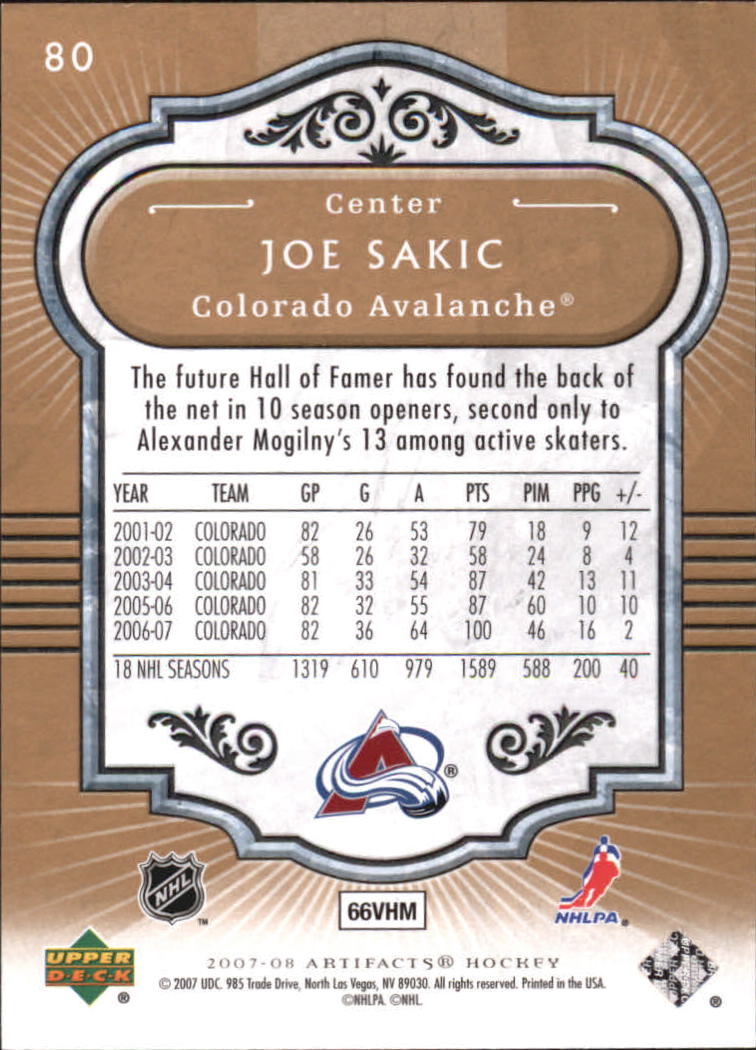 2007-08 Artifacts #80 Joe Sakic back image