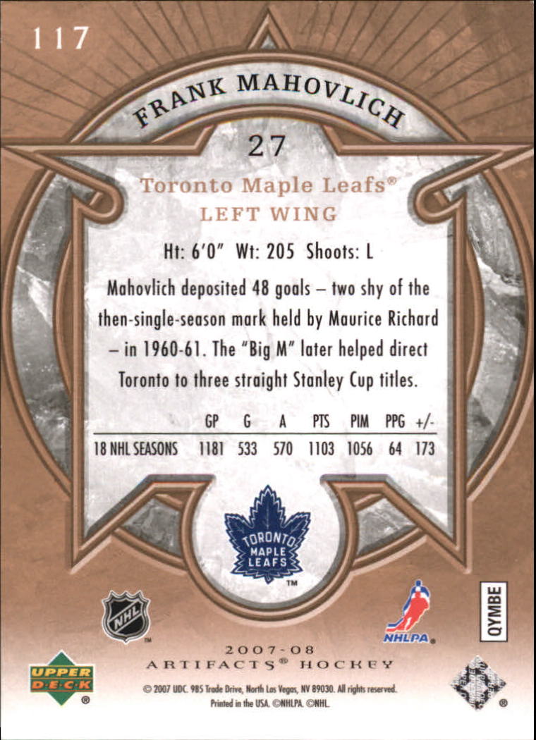 2007-08 Artifacts #117 Frank Mahovlich L back image