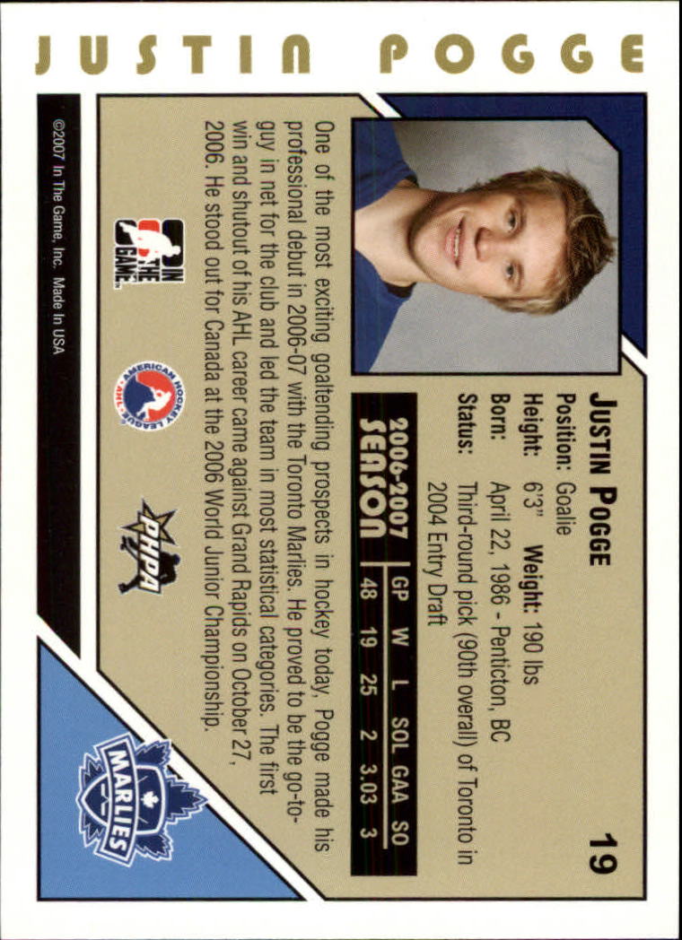 2007-08 ITG Heroes and Prospects #19 Justin Pogge back image
