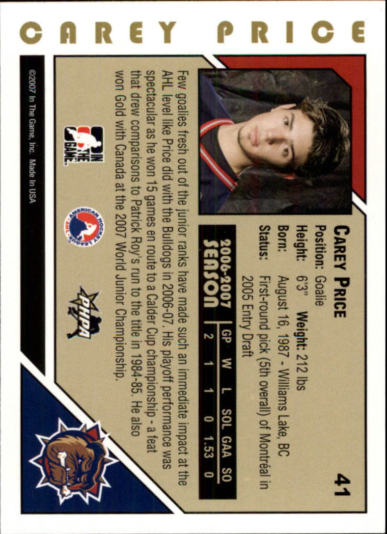2007-08 ITG Heroes and Prospects #41 Carey Price back image