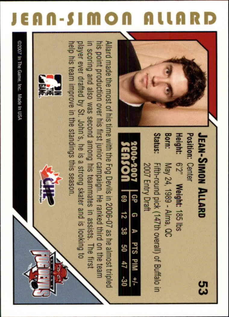 2007-08 ITG Heroes and Prospects #53 Jean-Simon Allard back image
