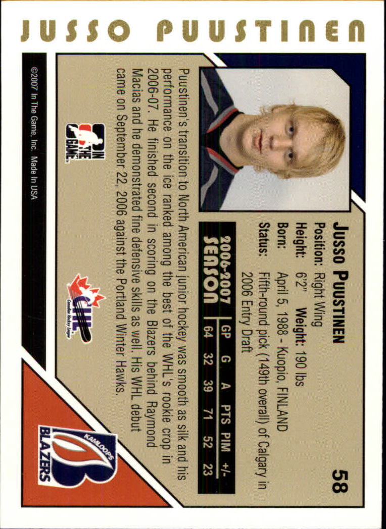 2007-08 ITG Heroes and Prospects #58 Jusso Puustinen back image