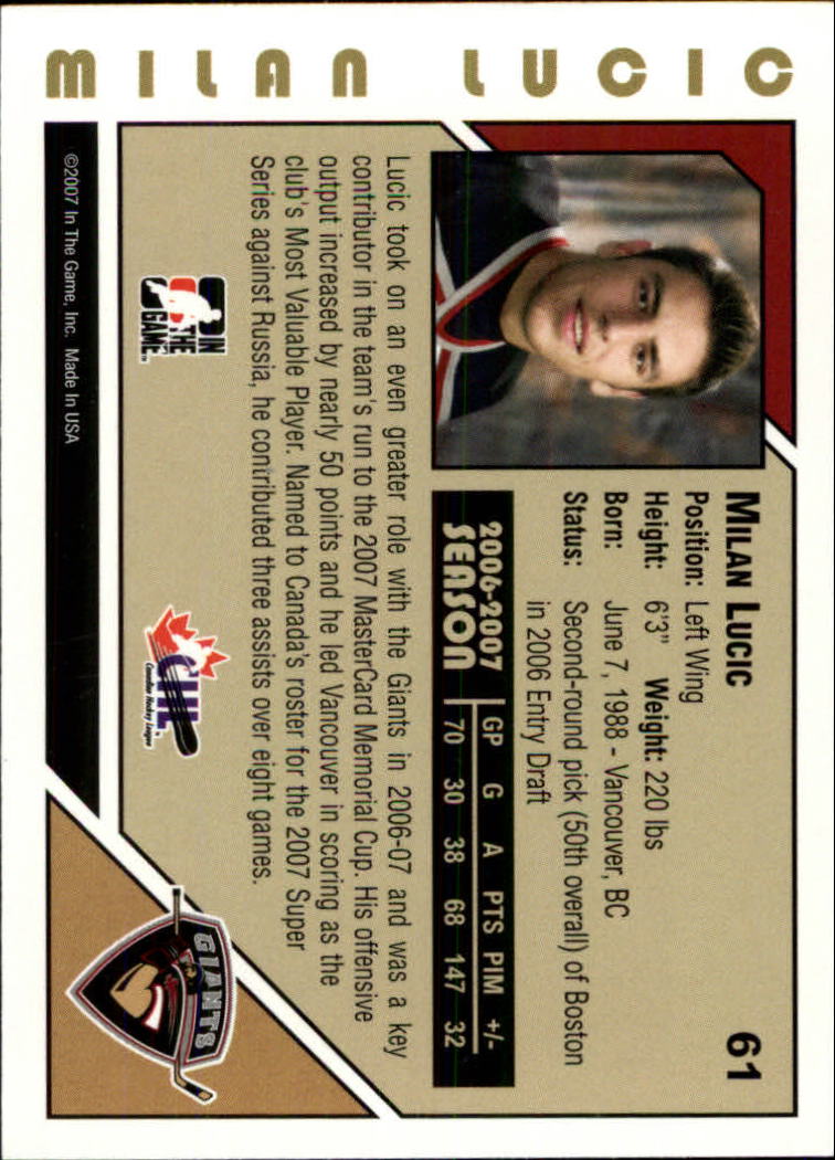 2007-08 ITG Heroes and Prospects #61 Milan Lucic back image