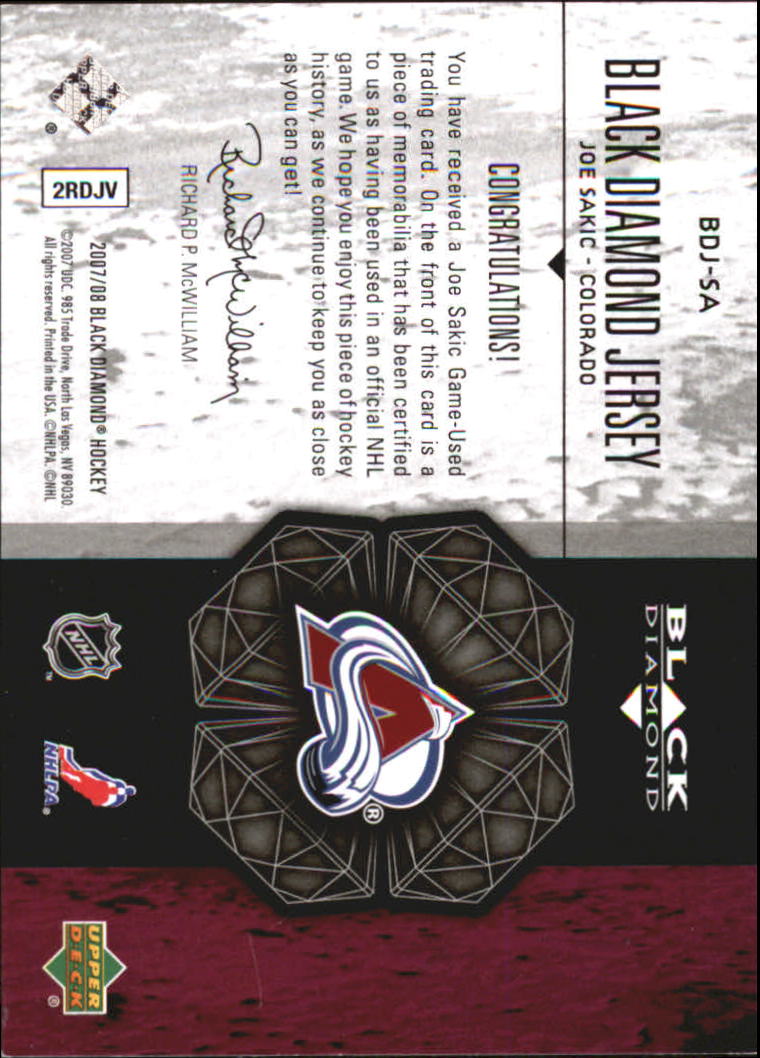 2007-08 Black Diamond Jerseys #BDJSA Joe Sakic back image