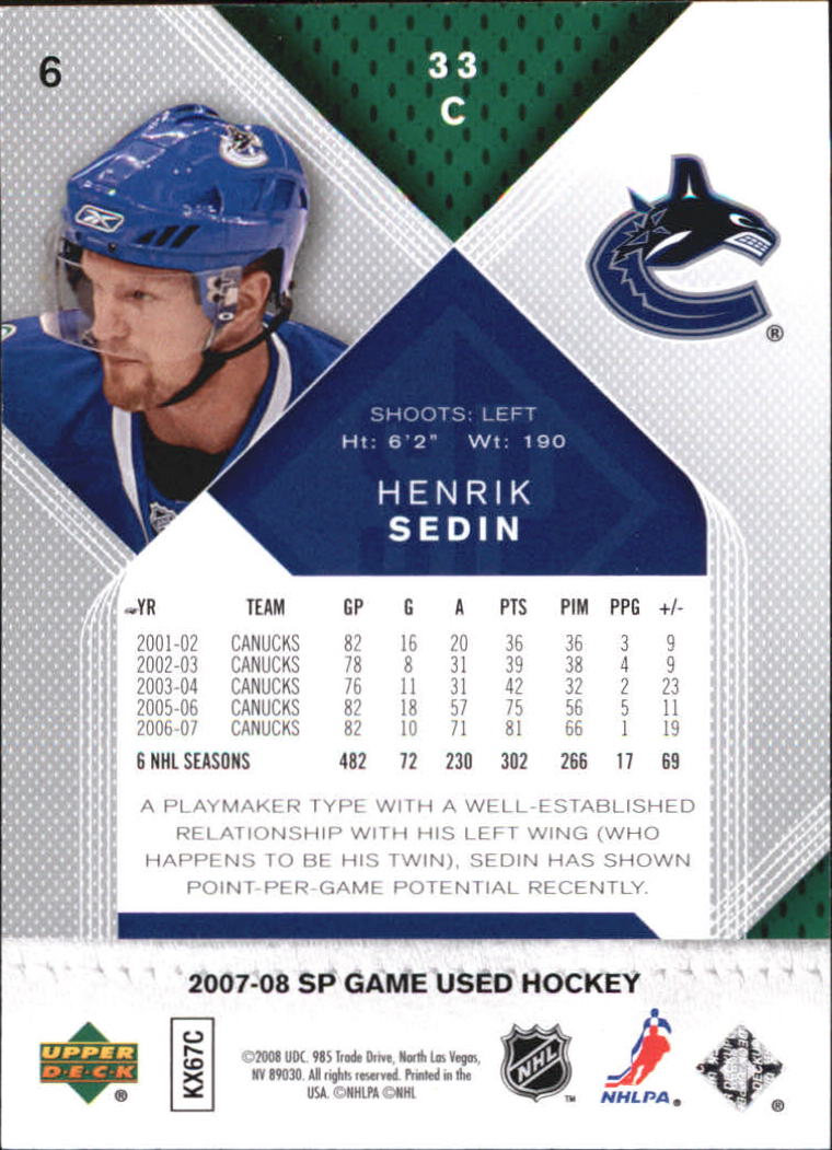 2007-08 SP Game Used #6 Henrik Sedin back image