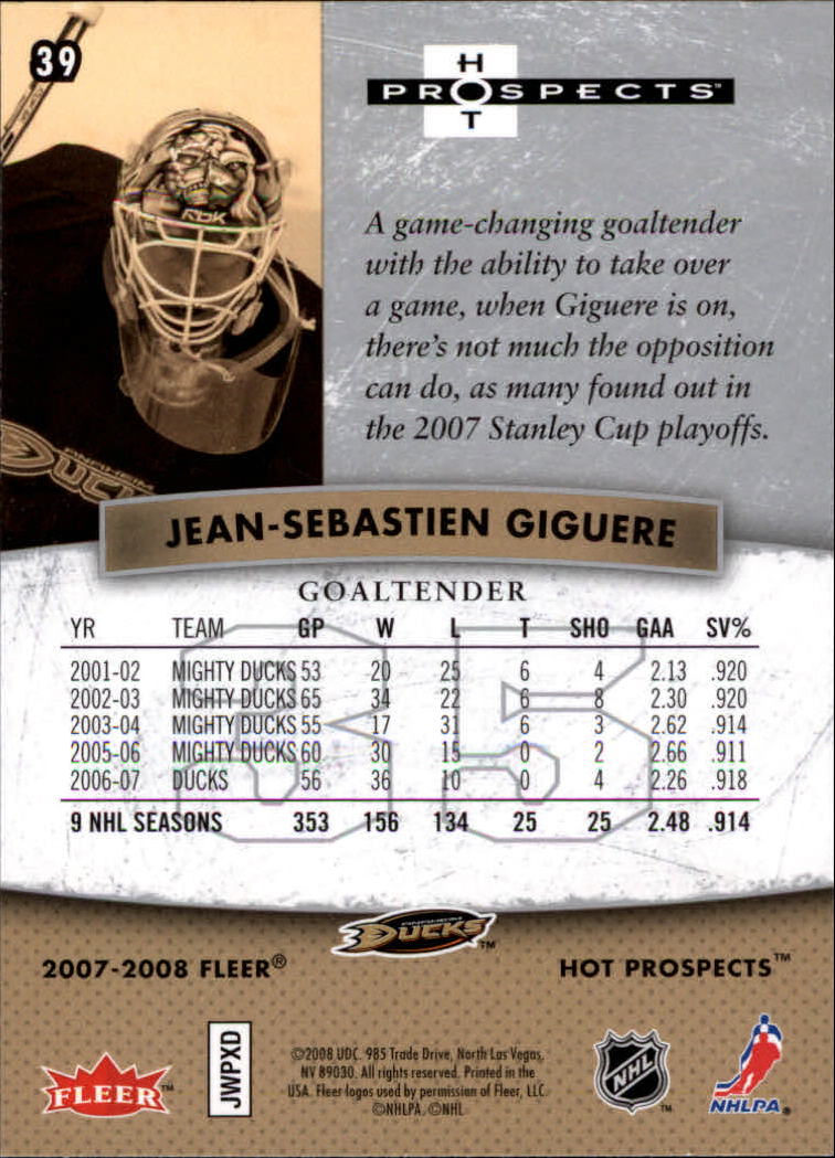 2007-08 Hot Prospects #39 Jean-Sebastien Giguere back image