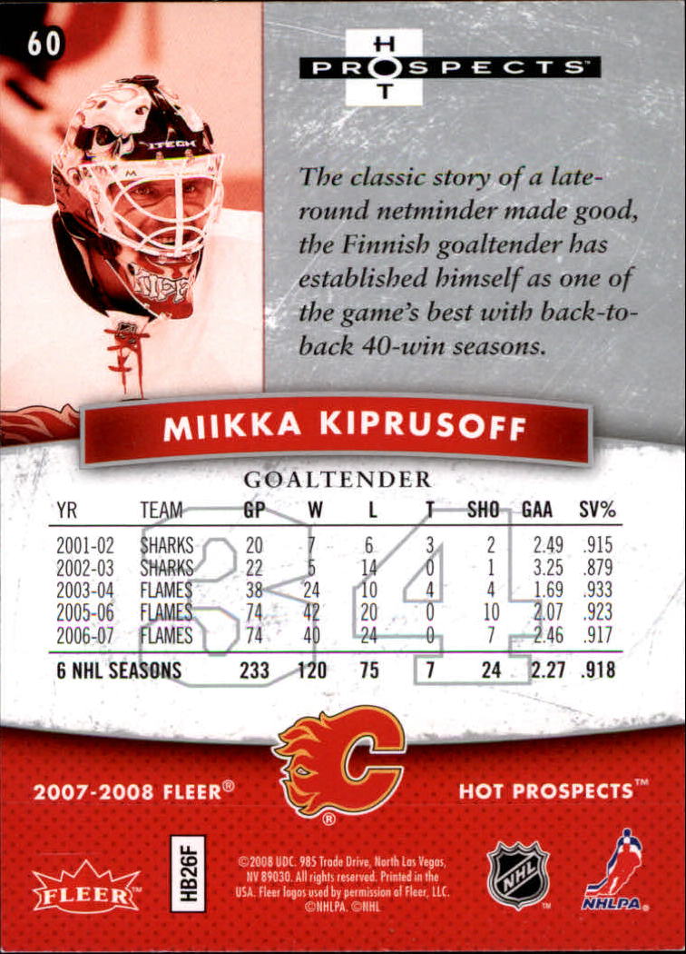 2007-08 Hot Prospects #60 Miikka Kiprusoff back image