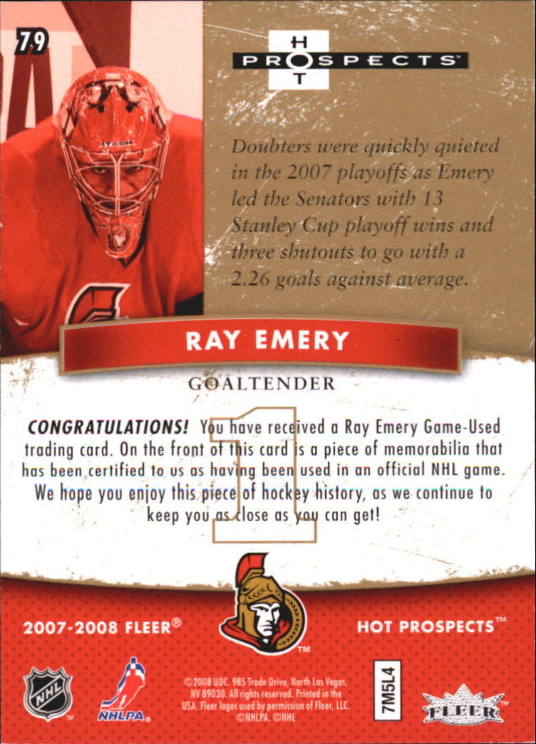 2007-08 Hot Prospects Red Hot #79 Ray Emery JSY back image