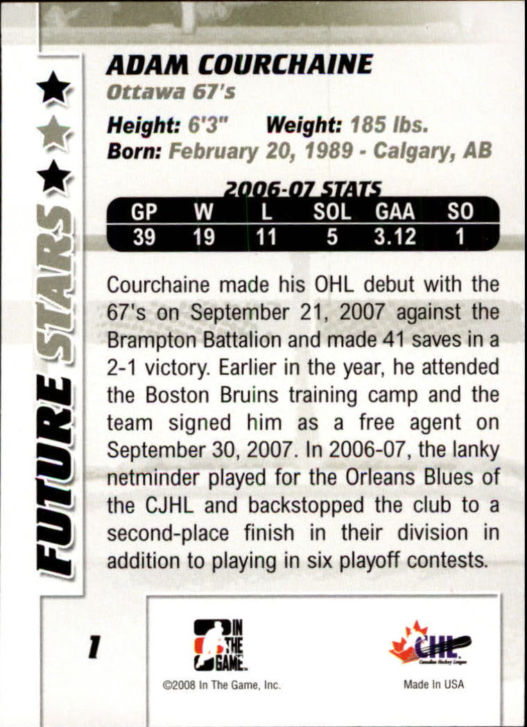 2007-08 Between The Pipes #1 Adam Courchaine back image