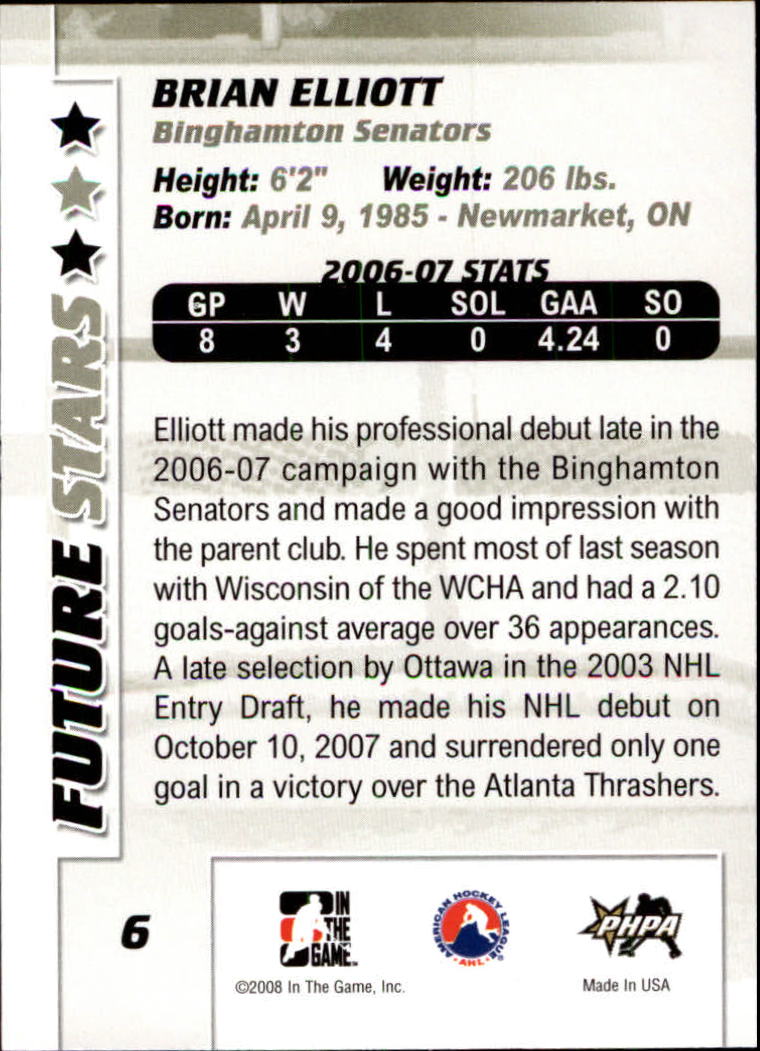 2007-08 Between The Pipes #6 Brian Elliott back image