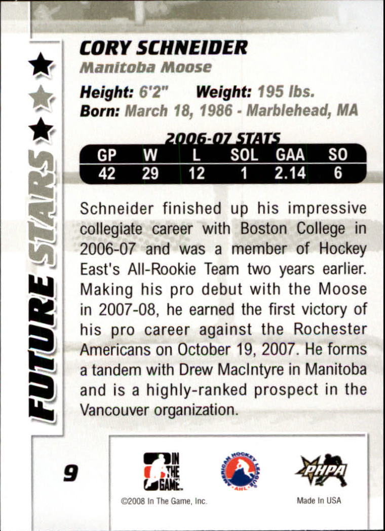 2007-08 Between The Pipes #9 Cory Schneider back image