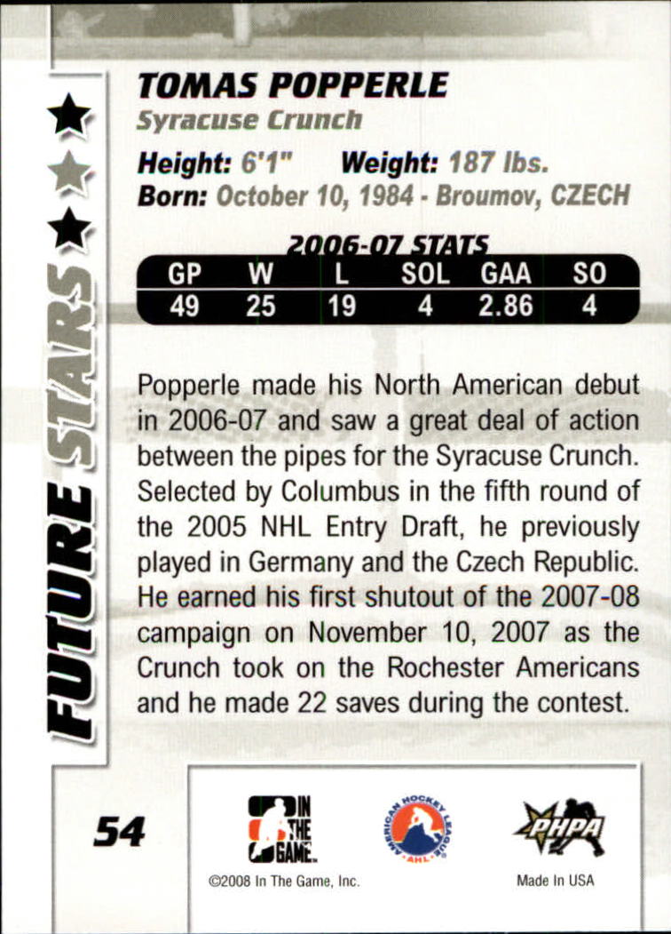 2007-08 Between The Pipes #54 Tomas Popperle back image