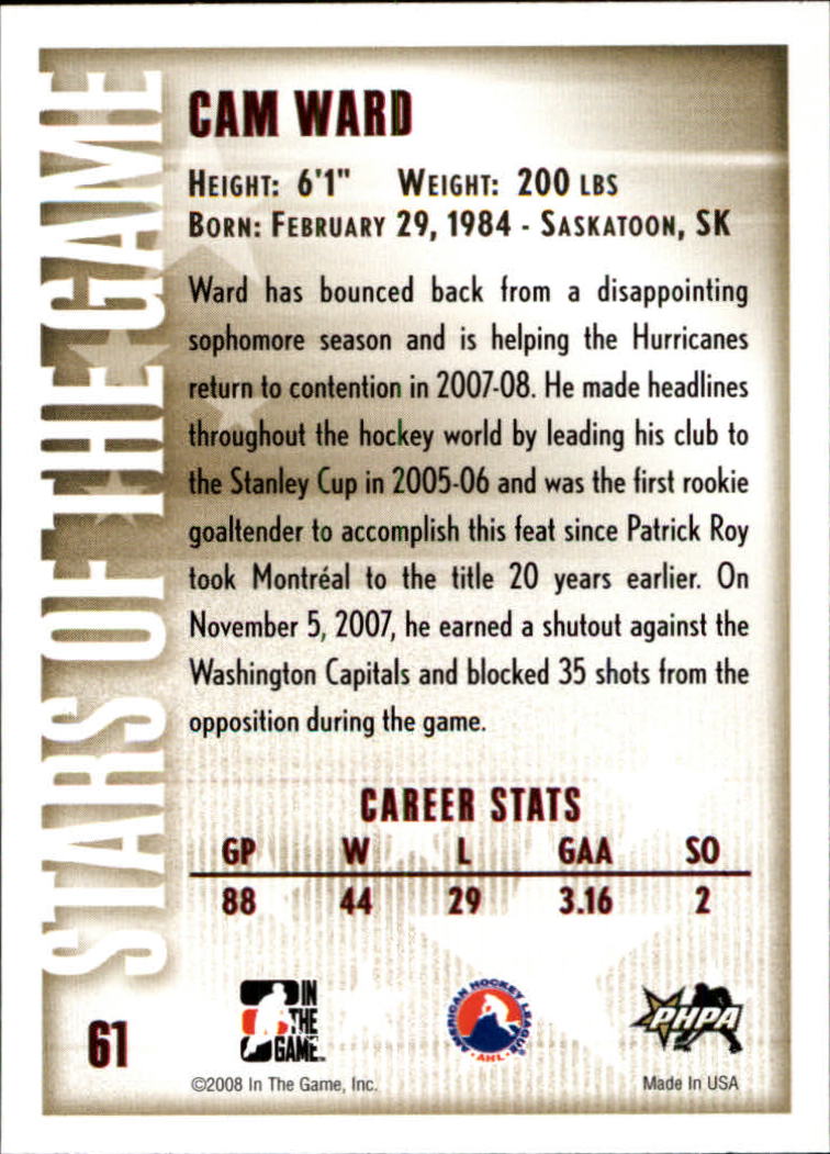 2007-08 Between The Pipes #61 Cam Ward back image