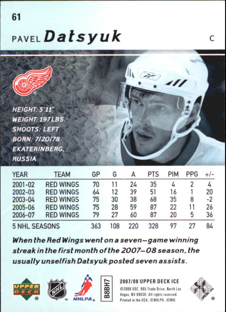 2007-08 Upper Deck Ice #61 Pavel Datsyuk back image