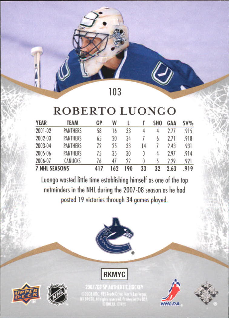 2007-08 SP Authentic #103 Roberto Luongo NOT back image