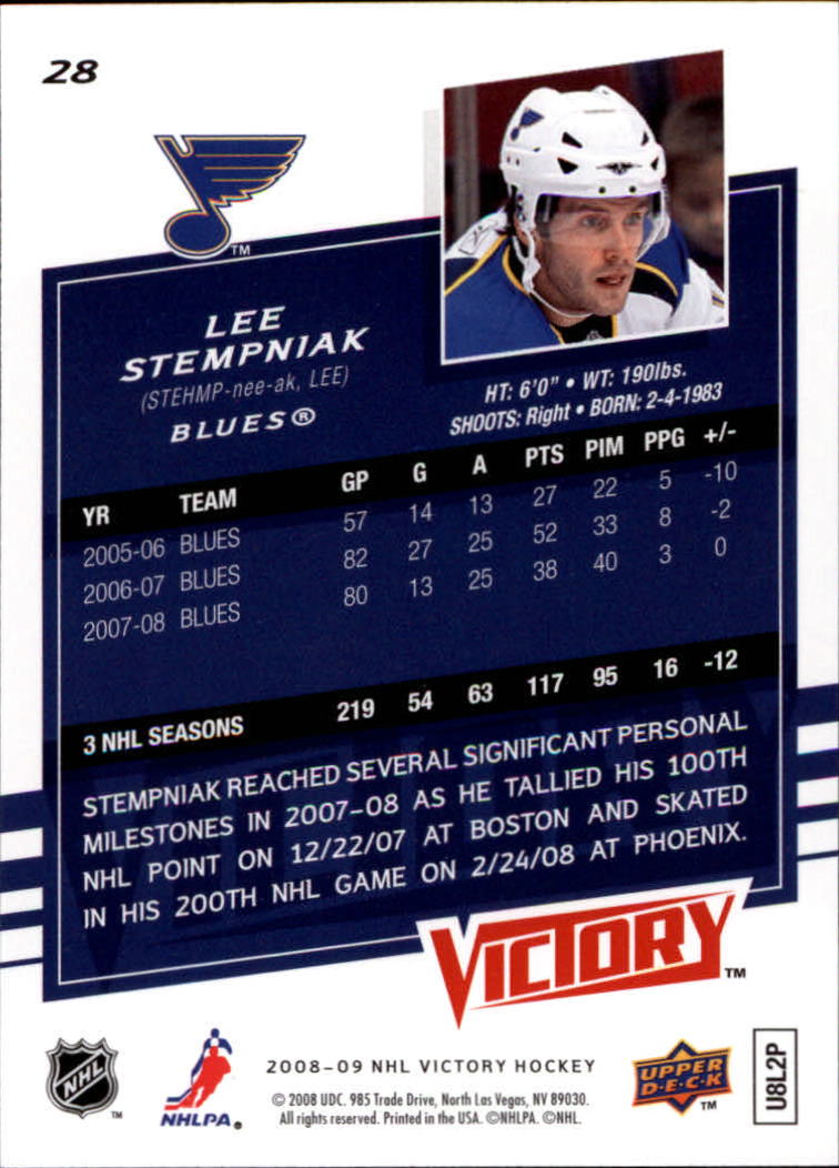 2008-09 Upper Deck Victory #28 Lee Stempniak back image