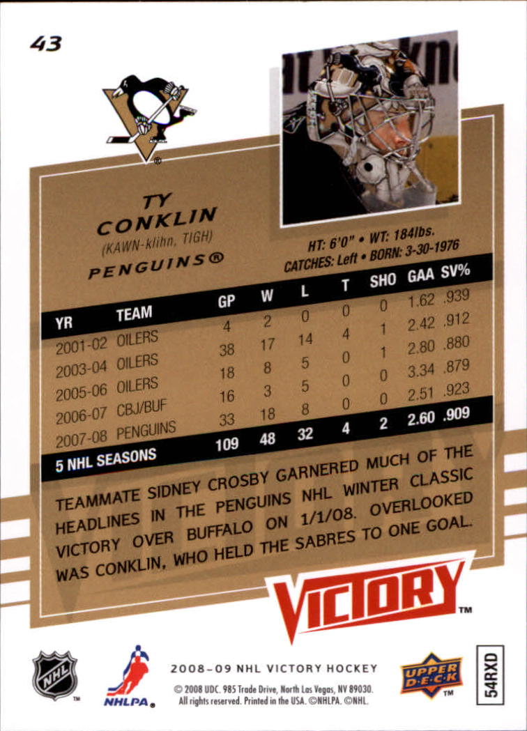 2008-09 Upper Deck Victory #43 Ty Conklin back image